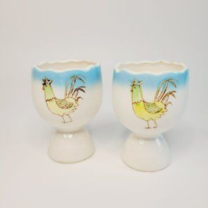 Large Vintage Egg Cup Set Kitschy Rooster Chicken Blue Yellow Green, Japan Made
